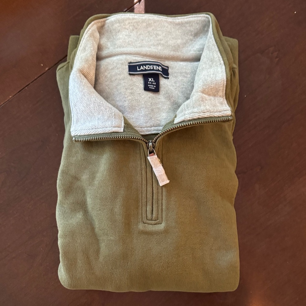 NEW Lands' End Men's Quarter Zip Bedford Sweater in Smokey Olive XL